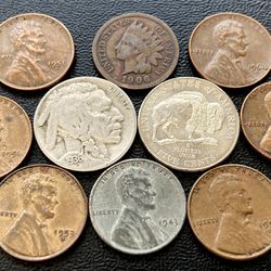 10 Coins Indian Head Penny Buffalo 🦬 Nickel Instant Starter Coin Collection 1943 WWII Steel Cent Wheat Pennies 