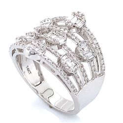 0.93 TCW Round & Baguette Cut Diamonds Cocktail Ring In 14k White Gold Size 7.5