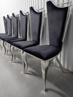 $75 each, 6 avail. Cyrene Dining Chairs, black velvet, polished stainless steel frames