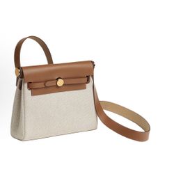 HERMES Bolso Herbag Zip 20 Gold Buckle Canvas Cowhide Crossbody Shoulder Bag Mini Women's Light Beige Beige Light Brown(202)02