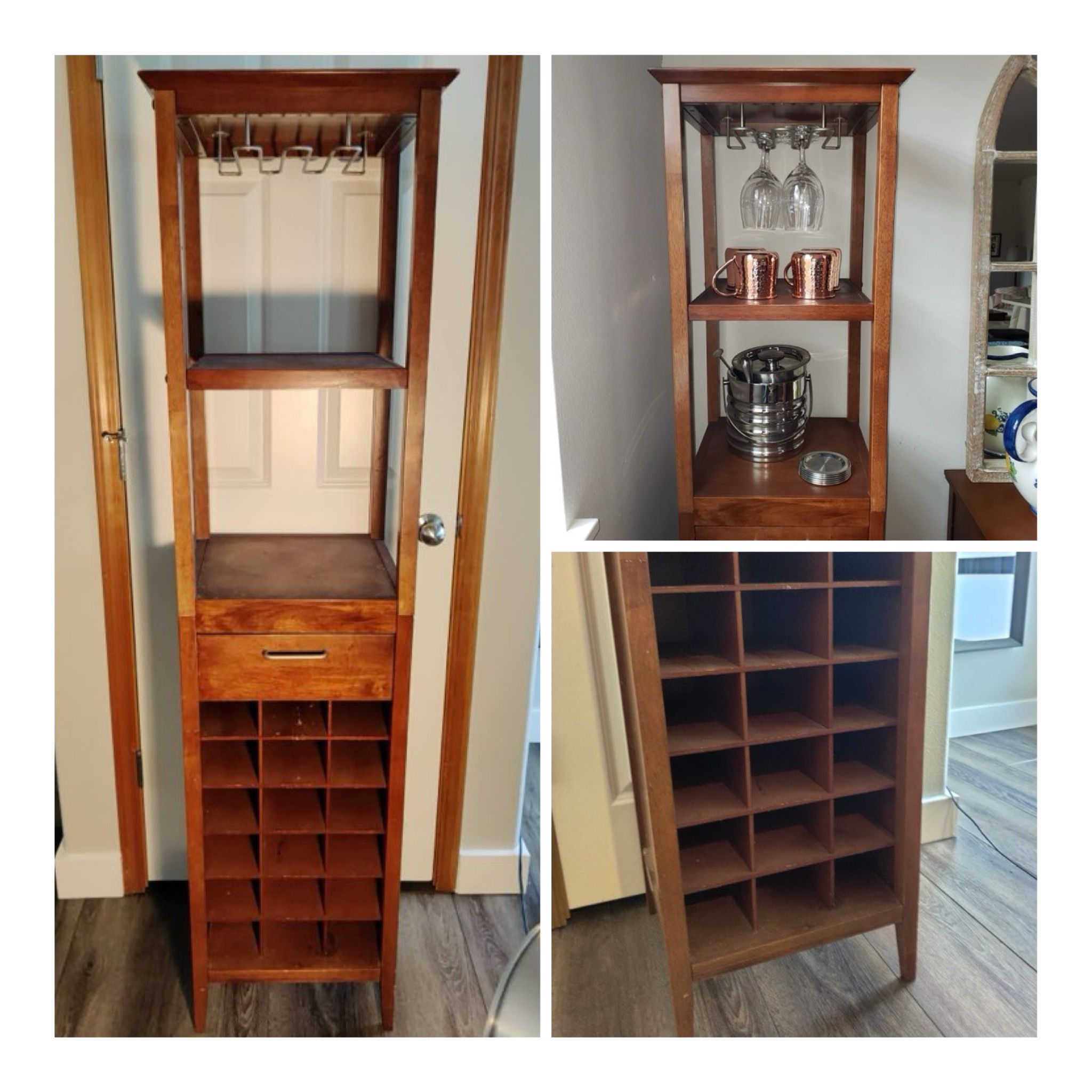 Tall Wood Wine Rack – Holds 20 Bottles, Glass Holder & Storage Drawer