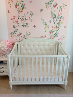 Pottery Barn Blythe 3-In-1 Upholstered Crib & Conversion Kit + Mattress, Protector & Sheets