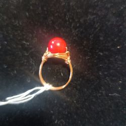 Coral And Copper Wire Wrap Hand Made Ring