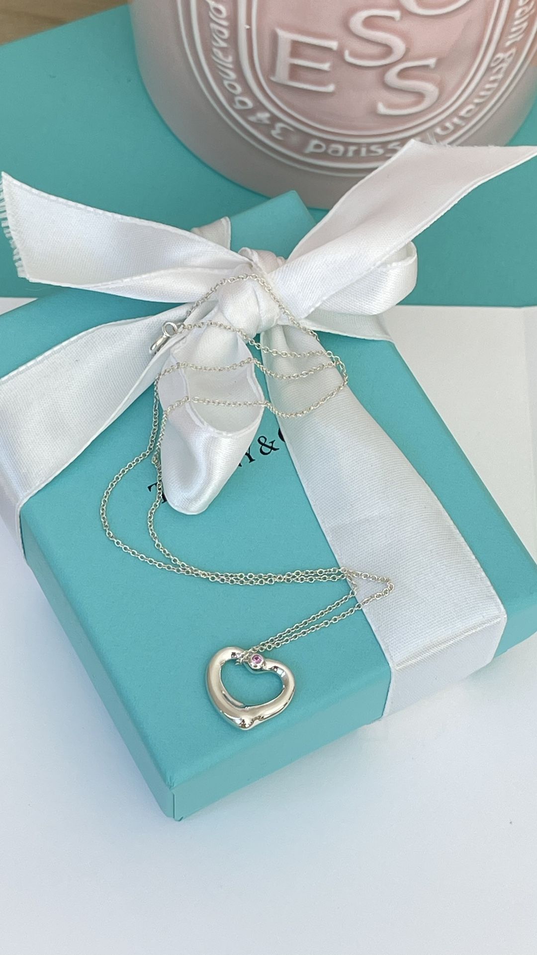 Tiffany & Co. Elsa Peretti Open Heart Pendant in Silver with Pink Sapphire 17.5”
