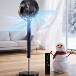 Manastin 120° Automatic 4-Way Oscillating Standing Fan, Quiet DC Motor, 16 Speeds, 4 Modes, Adjustable 37-45" Height, 12H Timer, Remote Control