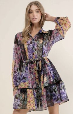 Zara Women's Floral Print Long Sleeve Belted Midi Dress