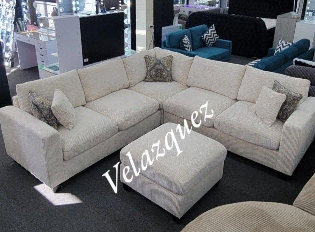 ✅️✅️ 4pc for grey corduroy fabric upholstered sectional sofa with ottoman ✅️✅️