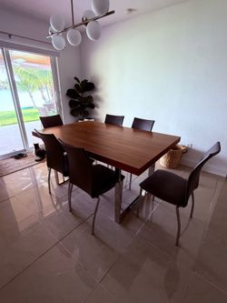 Wood Dining Table 6 Grey Chairs