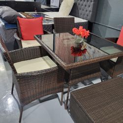 PATIO TABLE SET BROWN 4 CHAIRS 35X35X28
