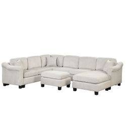 122.1 *91.3 4pcs Sectional Sofa with Ottoman with Right Side Chaise velvet fabric White