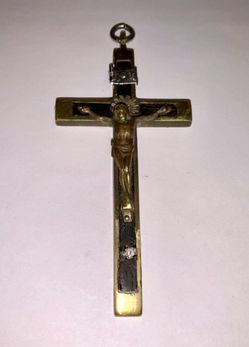 Antique Victorian Pectoral Crucifix Cross Ebony Inlay Memento Mori 3.75”