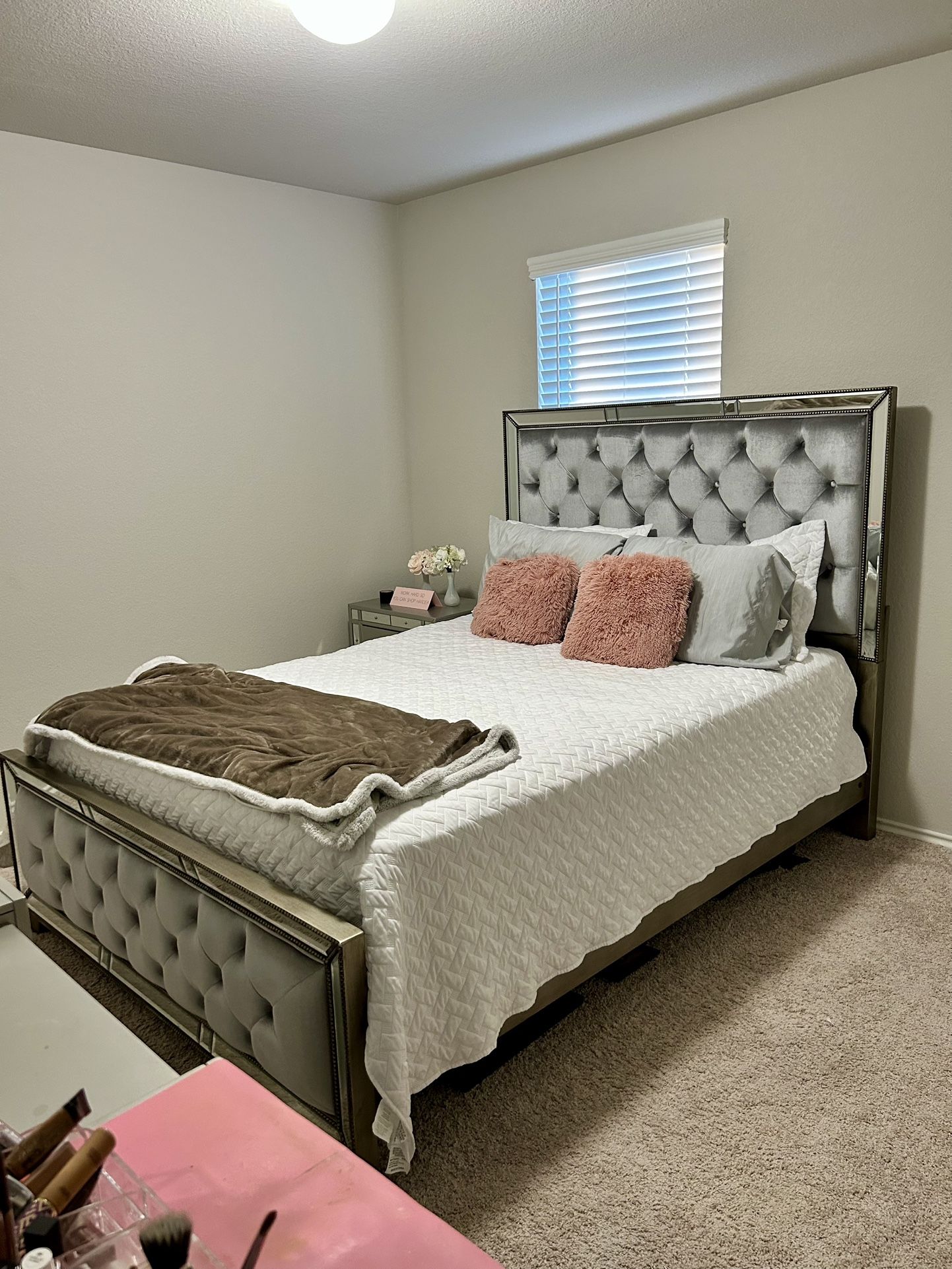Full Size Mirrored Bed, Vanity, And Nightstand