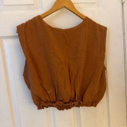 Brown Sleeveless Crop Top with Elastic Hem