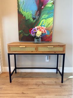 Modern Entryway / Console Table with Rattan Drawers – Wood & Black Metal