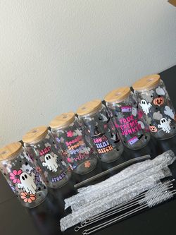 NEW Halloween  Glass  Cups with Bamboo Lids and glass straws