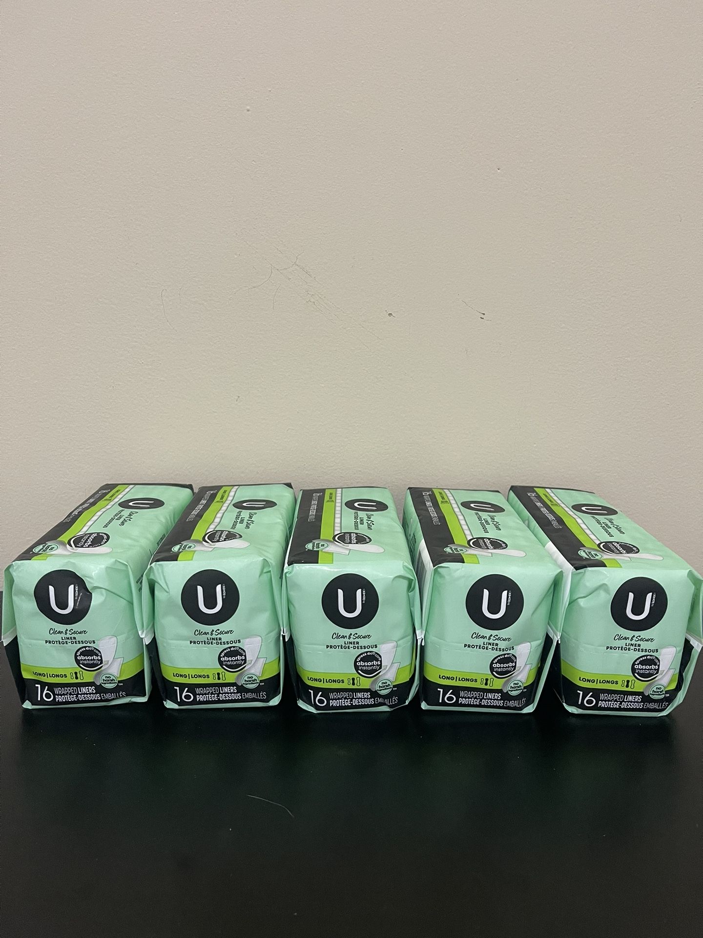 5pack U by Kotex Clean & Secure Wrapped Panty Liners, Light Absorbency, Long Length, 16 Count
