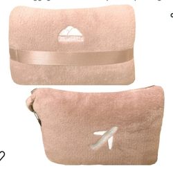 
BlueHills Travel Blanket Pillow in Mini Soft Case Premium Plush Airplane Blanket in Soft Bag Compact Pack with Luggage Belt and Backpack Clip - Beige