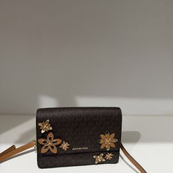 Michael Kors Brown Signature Coated Canvas & Leather Floral Daniela Shoulder Bag