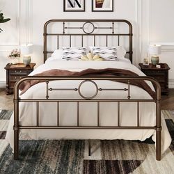 Queen Metal Platform Bed Frame with Vintage Headboard Heavy Duty, Noise-Free, 12.4" Under-Bed Storage, No Box Spring Needed, Easy Assembly, Black Open