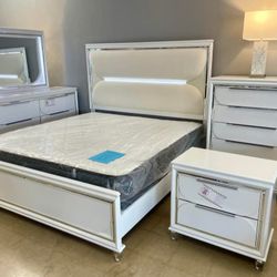 Eden White Boucle Upholstered Led Panel Bedroom Set,bed,nightstand,chest,dresser, Mirror 