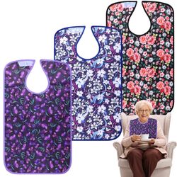Pedobi Adult Bibs - 3 Pcs Washable Clothing Protector With Crumb Catcher, Adult Bibs For Elderly Women Eating Washable Flower