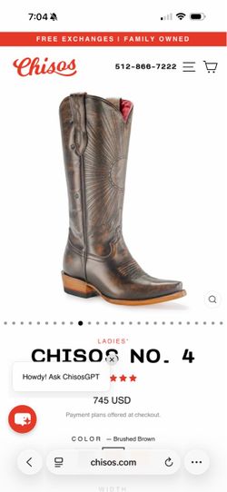 NIB - Chisos No. 4 Women’s Cowgirl Boots (ORIG $745)– Brushed Brown – Size 9