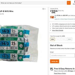 25 ft. 14/3 Gray Solid CU UF-B W/G Wire