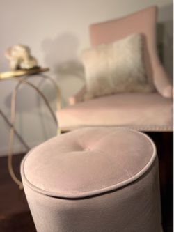 [Like-New] Charming Blush Pink Accent Chair + Ottoman + Real Ombre Cowhide Pillow