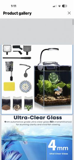 1.25 Gallon Fish Tank Small Glass Aquarium Kit Starter Set Dark Background, Adjustable Flow Filter, Dual Filter Media, LED Light, Sand, Rocks, Cleanin