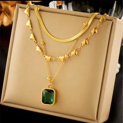 Layered Gold Necklace with Green Stone Pendant