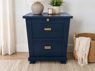 Refinished Hammary Black Nightstand with Gold Hardware | Pull-Out Shelf