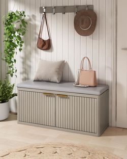 Modern Shoe Bench,Entryway Bench Storage with Padded Seat Cushion,Adjustable Shelf,Light Grey