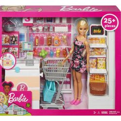 Barbie Doll and Supermarket Playset with 25 Grocery Store and Food-Themed Accessories