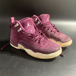Size 4.5 - Jordan 12 Retro Bordeaux 2017 Purple Suede Sneakers Youth Used, need cleaning, but in good shape 