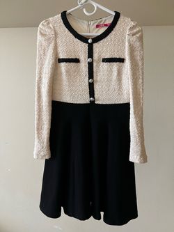 Like New Women French Elegant Tweed Boucle Cream Black Dress