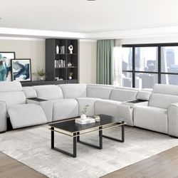  Brand New White Chenille 7-Piece Modular Power Reclining Sectional with Power Headrests (137.5 x 137.5 x 31.5H)