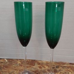 2 - Green Glass Champagne Flutes 