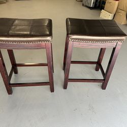 2 Studded Brown Leather Bar Stools