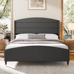 Cozy Castle Queen Size Bed Frame with 50.4" High Wingback Headboard Velvet Upholstered Bed/No Box Spring Required/Wood Slat Support/Easy Assembly (Dar