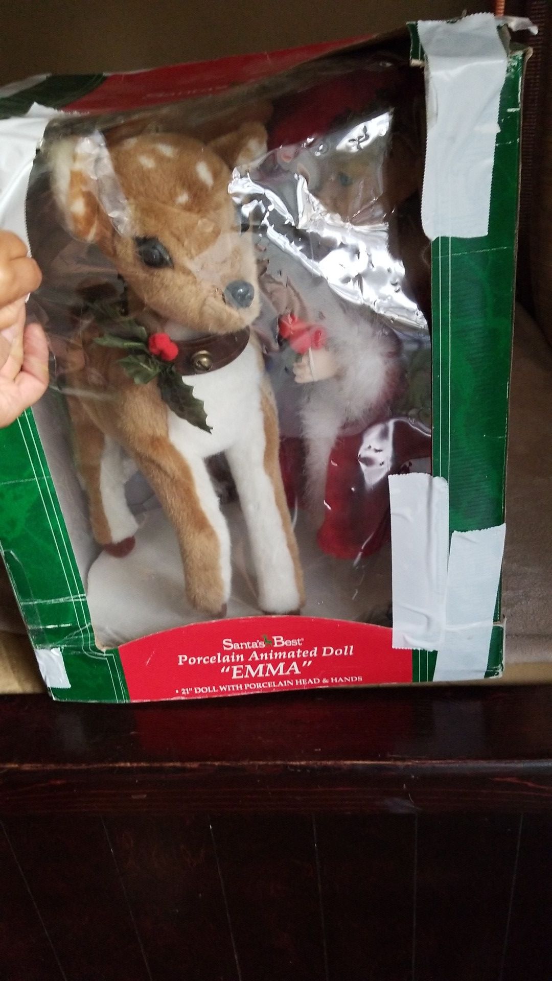 Santa best animated Christmas porcelain doll"Emma"w/reindeer 1999