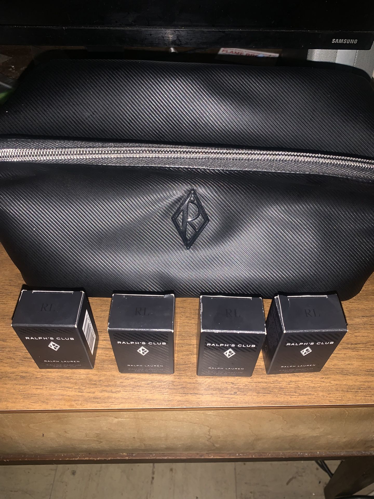 Ralph Lauren black toiletry bag with 4x Ralph's Club Eau de Parfum by Ralph Lauren 0.25 FL. OZ