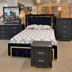 New Black Bedroom Set W Gold Accent- Mattress Not Included
