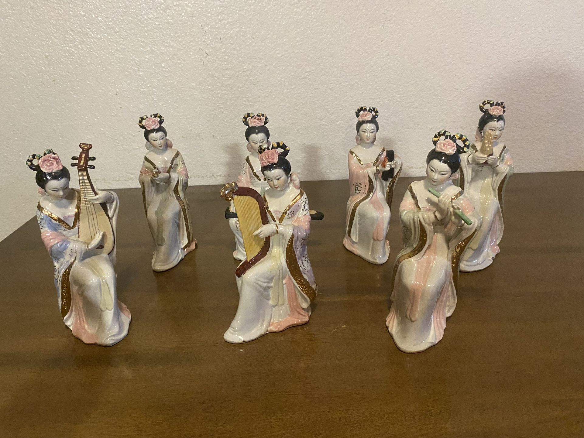 Chinese figurine statue Vintage playing musical instruments set of 7 ladies