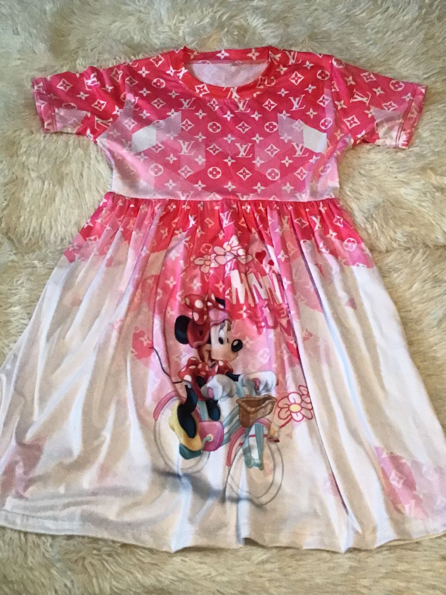 Very Pretty Pink With White Minnie Wavy Dress $20  ( Size 7-8 ) Handmade