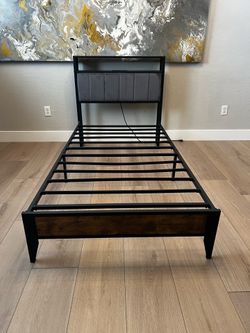 Metal and Wood Framed Twin XL Gray Upholstered Platform Bed with Storage Headboard