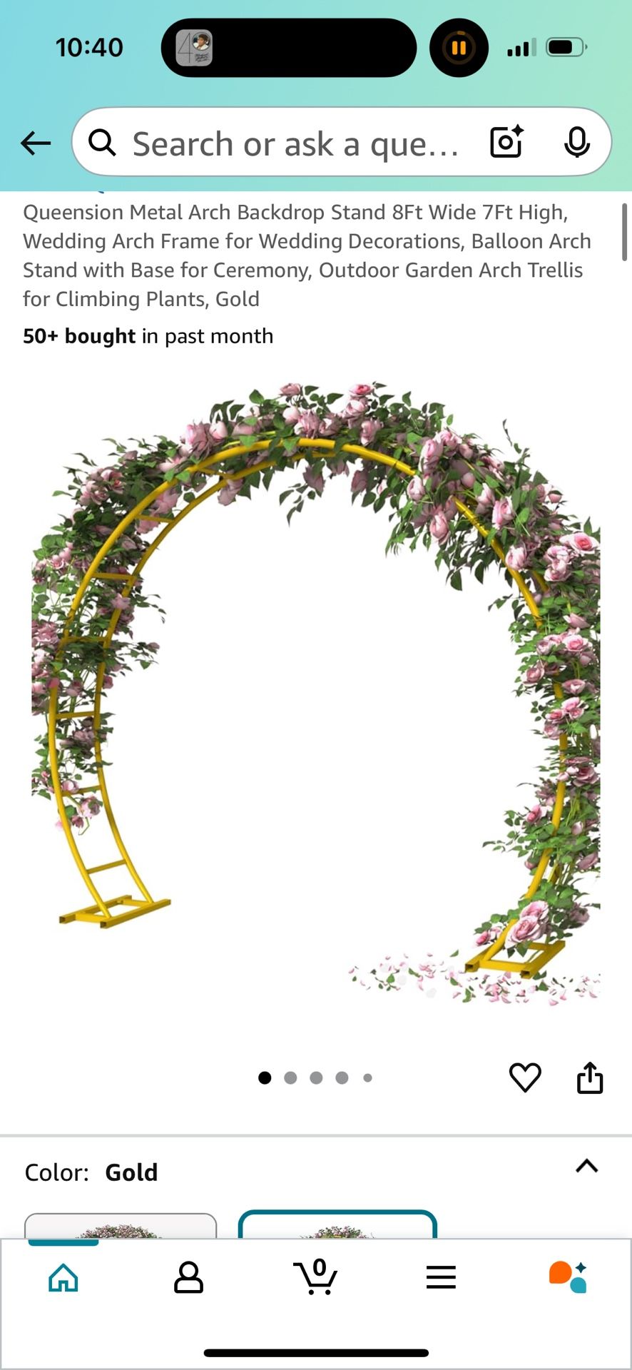 7’ tall x 8’ wide Gold Metal Balloon Arch