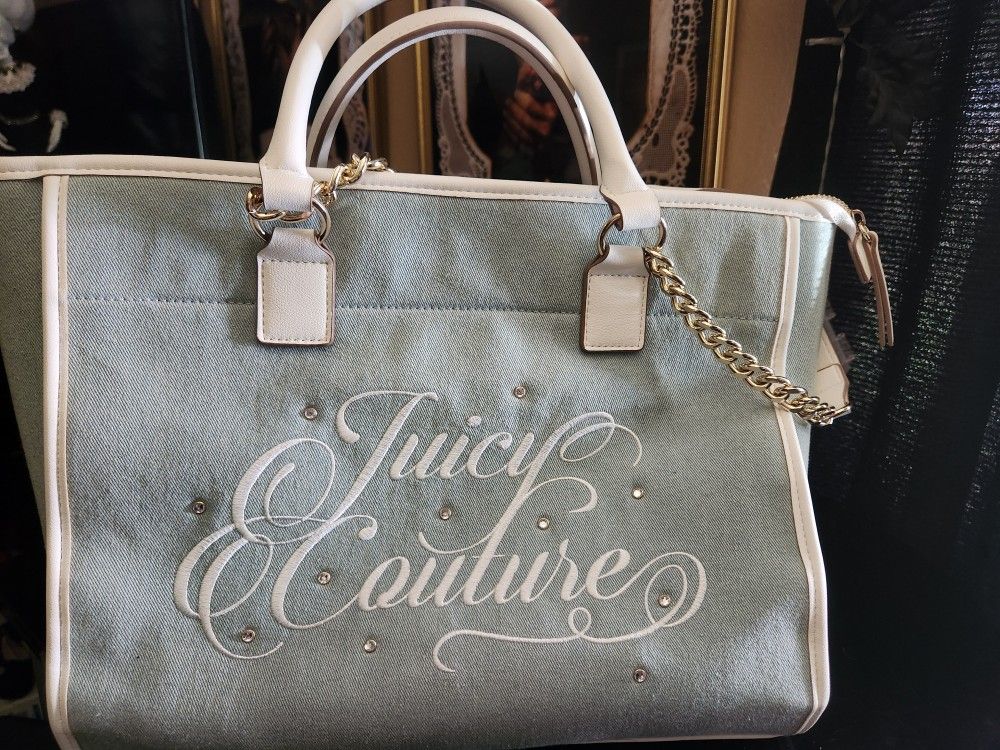 Juicy Couture Beach Tote Denim Diamond Embroidered Gold Accents