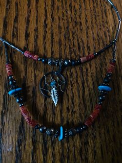 Silver, Turquoise and Coral Dreamcatcher Necklace