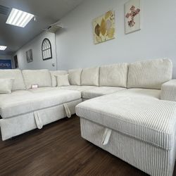 Beige Corduroy Sectional With Storage & USB Ports 