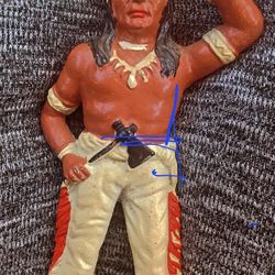 Vintage Midcentury Mwtal Psinted Native American INDIAN COIN BANK standing 